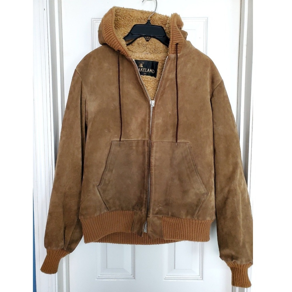 Lakeland Suede Bomber Jacket Tan Sherpa Lined Vintage Hooded Work Coat Mens 38